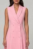 Pink A Line Shawl Lapel Double Breasted Midi Work Dress