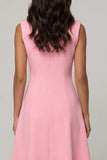 Pink A Line Shawl Lapel Double Breasted Midi Work Dress