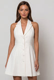 Halter White A Line Single Breasted Short Work Dress