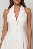 Halter White A Line Single Breasted Short Work Dress