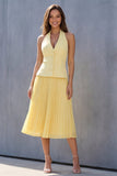 Yellow Halter Pleated A Line Single Breasted Midi Work Dress