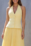 Yellow Halter Pleated A Line Single Breasted Midi Work Dress