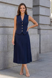 Navy A Line 2 Piece Single Breasted Halter Pleated Work Dress