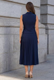 Navy A Line 2 Piece Single Breasted Halter Pleated Work Dress