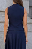 Navy A Line 2 Piece Single Breasted Halter Pleated Work Dress