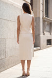 Ivory Sheath V-Neck 2 Piece Midi Work Dress with Slit