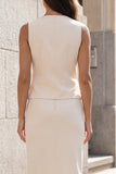 Ivory Sheath V-Neck 2 Piece Midi Work Dress with Slit