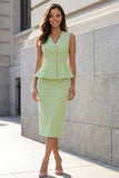 Green Sheath V-Neck Single Breasted 2 Piece Work Dress
