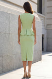Green Sheath V-Neck Single Breasted 2 Piece Work Dress