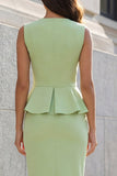Green Sheath V-Neck Single Breasted 2 Piece Work Dress