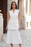 White 2 Piece A Line Notched Lapel Pleated Work Dress
