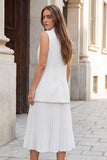 White 2 Piece A Line Notched Lapel Pleated Work Dress