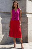 Fuchsia and Red V-Neck Pleated A Line 2 Piece Work Dress