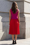 Fuchsia and Red V-Neck Pleated A Line 2 Piece Work Dress