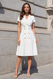 White A Line Double Breasted Notched Lapel Short Sleeves Work Dress