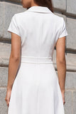 White A Line Double Breasted Notched Lapel Short Sleeves Work Dress