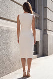 Ivory Sheath Ruched Midi Work Dress with Slit