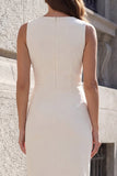 Ivory Sheath Ruched Midi Work Dress with Slit