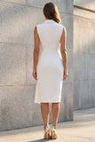 White Sheath Notched Lapel Ruched Midi Work Dress