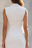 White Sheath Notched Lapel Ruched Midi Work Dress