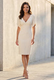 Ivory V-Neck Sheath Short Sleeves Midi Work Dress