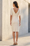 Ivory V-Neck Sheath Short Sleeves Midi Work Dress
