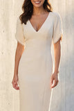 Ivory V-Neck Sheath Short Sleeves Midi Work Dress