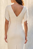 Ivory V-Neck Sheath Short Sleeves Midi Work Dress