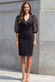 Black Sheath V-Neck 3/4 Sleeves Midi Work Dress