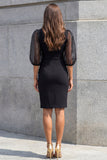Black Sheath V-Neck 3/4 Sleeves Midi Work Dress