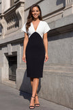 Black and White V-Neck Short Sleeves Sheath Midi Work Dress