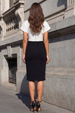Black and White V-Neck Short Sleeves Sheath Midi Work Dress