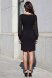 Black Square Neck Long Sleeves Midi Sheath Work Dress