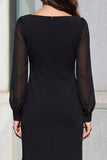 Black Square Neck Long Sleeves Midi Sheath Work Dress