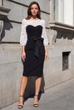 Black and White Lace Sheath Bowed Midi Work Dress with 3/4 Sleeves