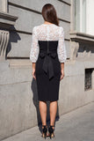 Black and White Lace Sheath Bowed Midi Work Dress with 3/4 Sleeves