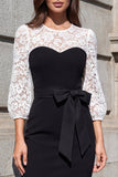 Black and White Lace Sheath Bowed Midi Work Dress with 3/4 Sleeves