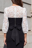 Black and White Lace Sheath Bowed Midi Work Dress with 3/4 Sleeves
