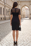 Black Sheath V-Neck Lace Short Sleeves Work Dress