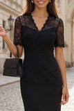 Black Sheath V-Neck Lace Short Sleeves Work Dress