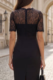 Black Sheath V-Neck Lace Short Sleeves Work Dress