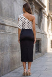Black One Shoulder Polka Dots Sheath Midi Work Dress with Bow