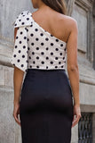Black One Shoulder Polka Dots Sheath Midi Work Dress with Bow