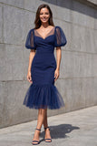 Navy Mermaid Ruffled Midi Work Dress with Puff Sleeves