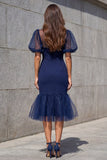 Navy Mermaid Ruffled Midi Work Dress with Puff Sleeves