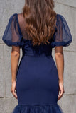 Navy Mermaid Ruffled Midi Work Dress with Puff Sleeves