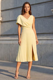 Yellow Pleated A Line Asymmetrical Neck Midi Work Dress with Slit