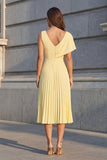 Yellow Pleated A Line Asymmetrical Neck Midi Work Dress with Slit