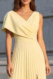 Yellow Pleated A Line Asymmetrical Neck Midi Work Dress with Slit