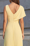 Yellow Pleated A Line Asymmetrical Neck Midi Work Dress with Slit